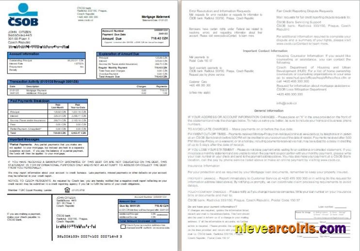 Czech ČSOB bank mortgage statement, 2 pages, 1-2